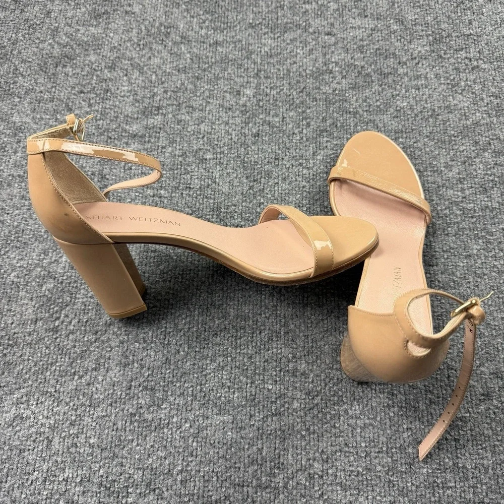 Stuart Weitzman Nude Patent Ankle Strap Block Heel‎ Sandals 9.5M As-Is